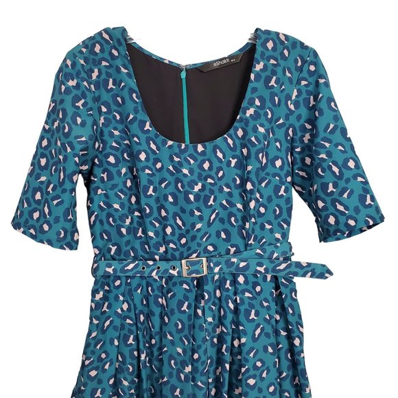 eShakti Size M 8 Dress Crepe Fit Flare Leopard Print Matching Belt Scoop Teal - Picture 7 of 13